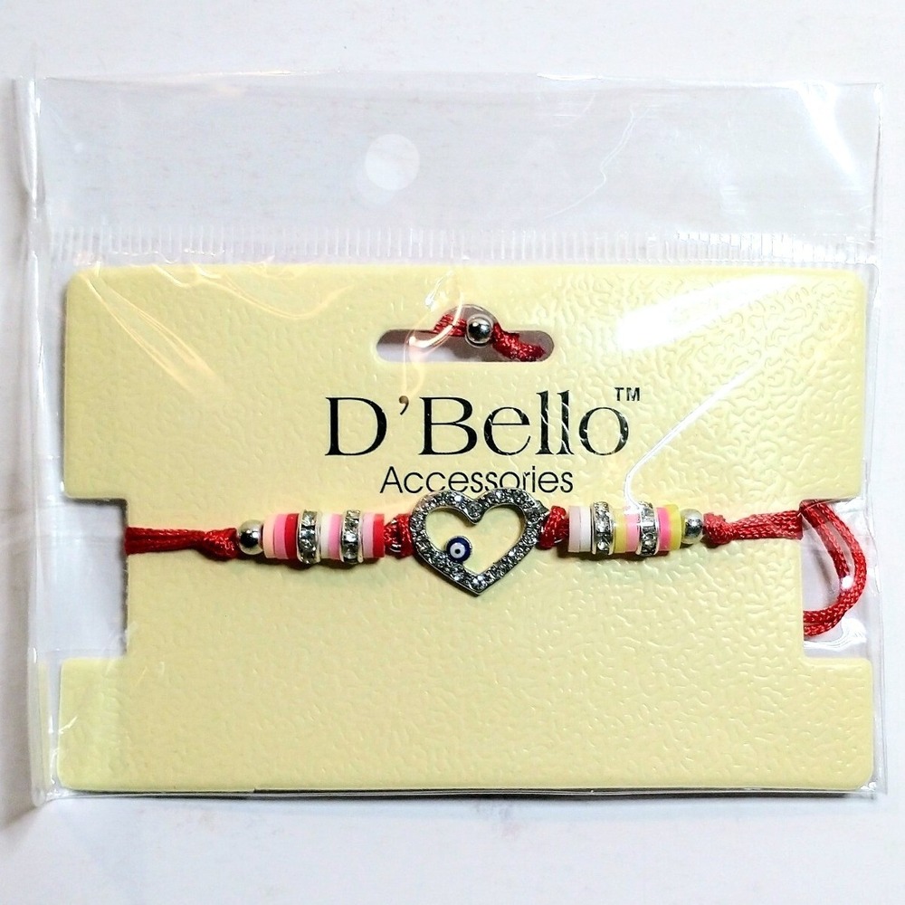 D'Bello Red Cord Evil Eye Heart Rhinestone Charm Adjustable Bracelet NWT